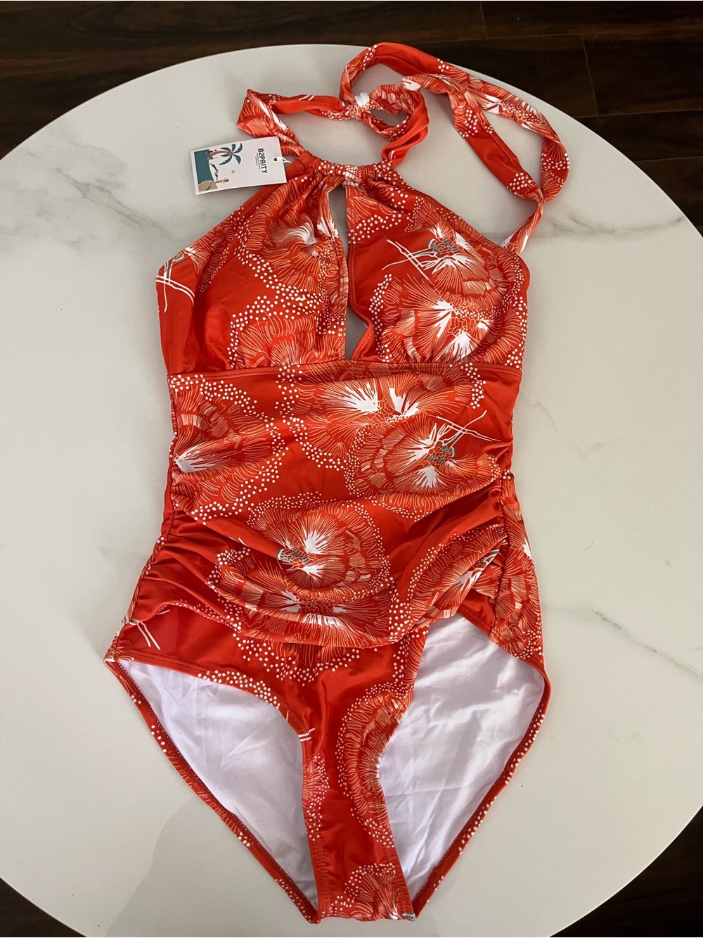 Red Floral Halter One-Piece Swimsuit